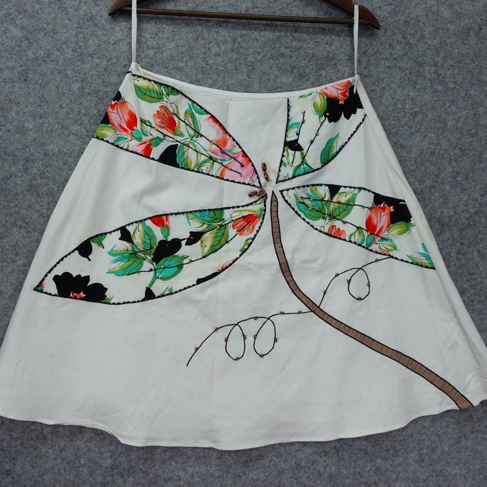 Vintage Cache Floral Dragonfly Beaded Skirt Womens M White Fairy Fae Cottagecore